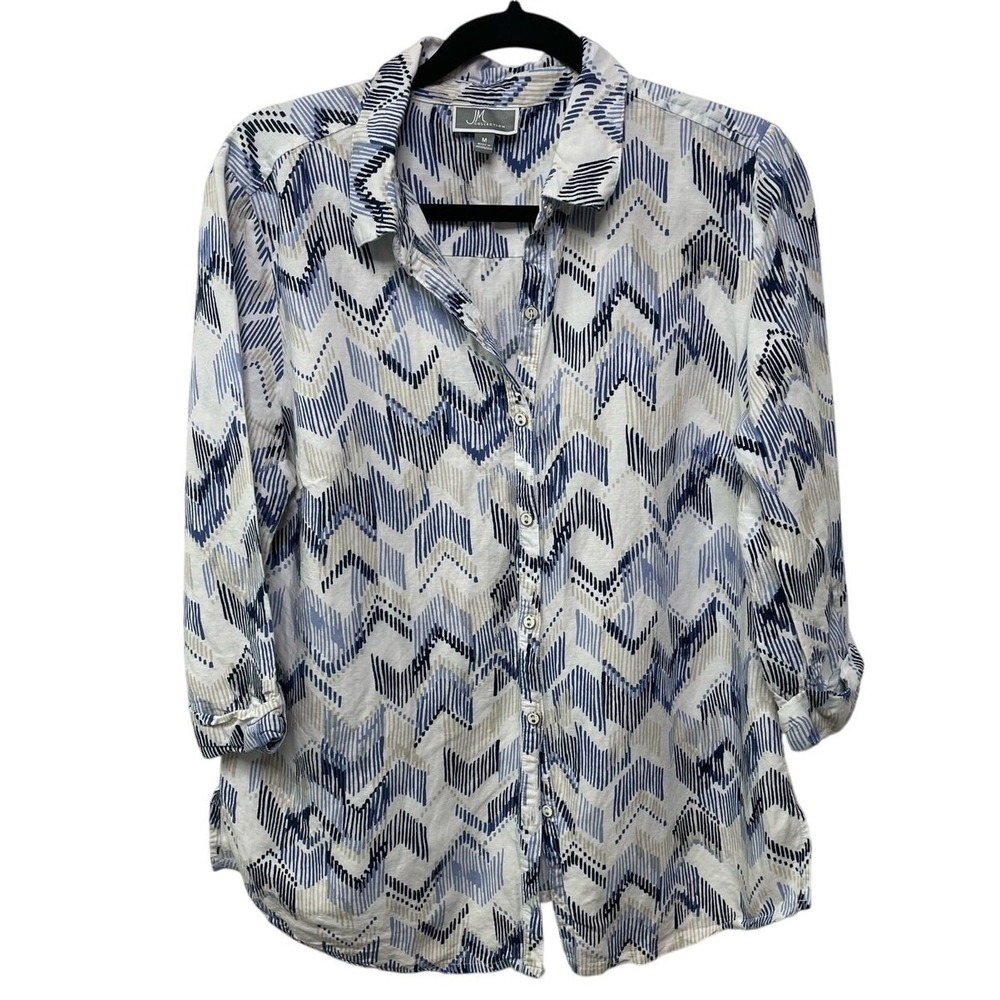 JM Collection Button Up Linen Blouse Blue White Print Pattern Travel Summer M